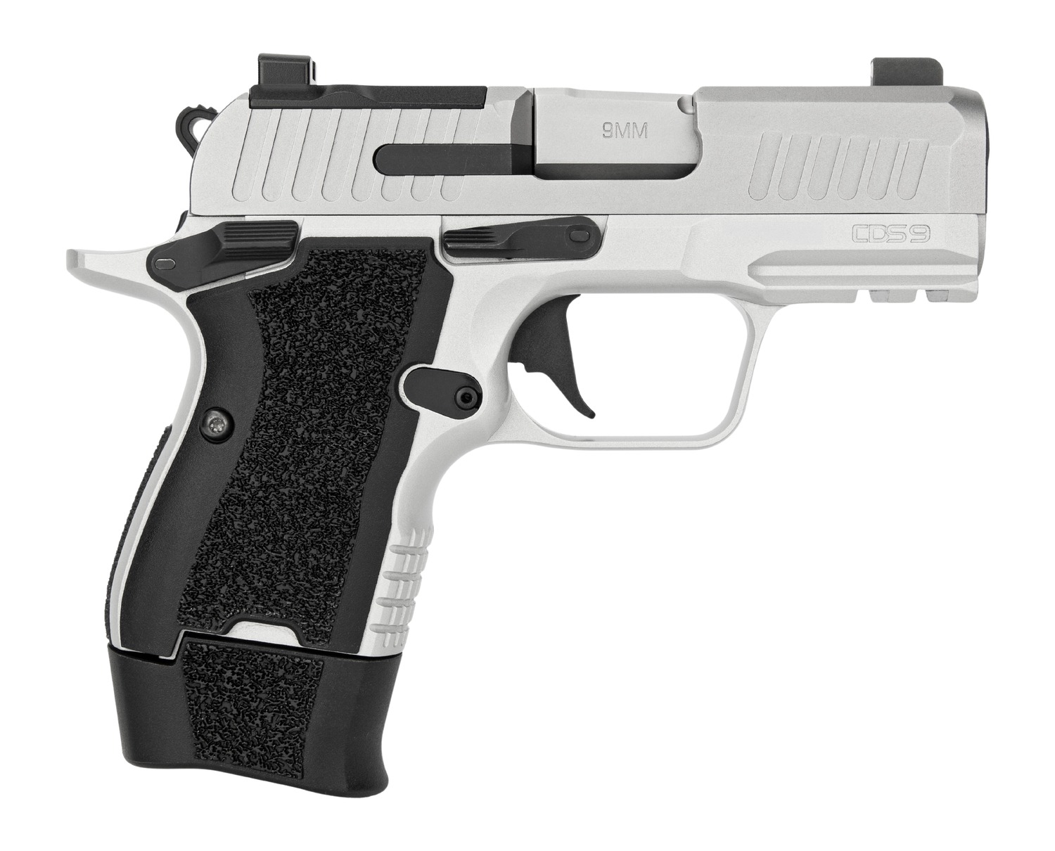 Silver 9mm handgun with textured grip.