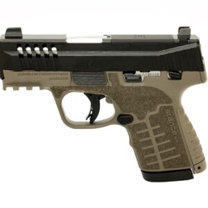 Side view of a compact semi-automatic handgun.