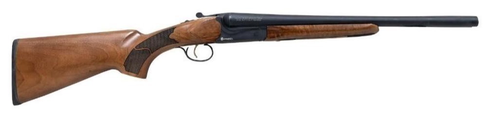 Side view of a double-barreled shotgun.