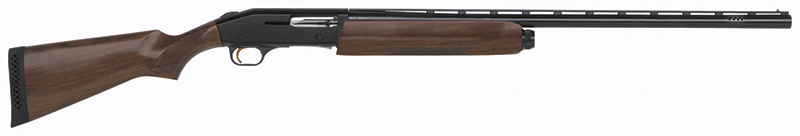 Side view of a shotgun with wooden stock.