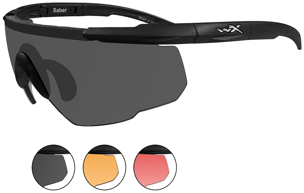 Sport sunglasses with interchangeable lenses in three colors.