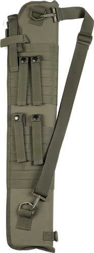 Olive green tactical rifle case with adjustable strap.