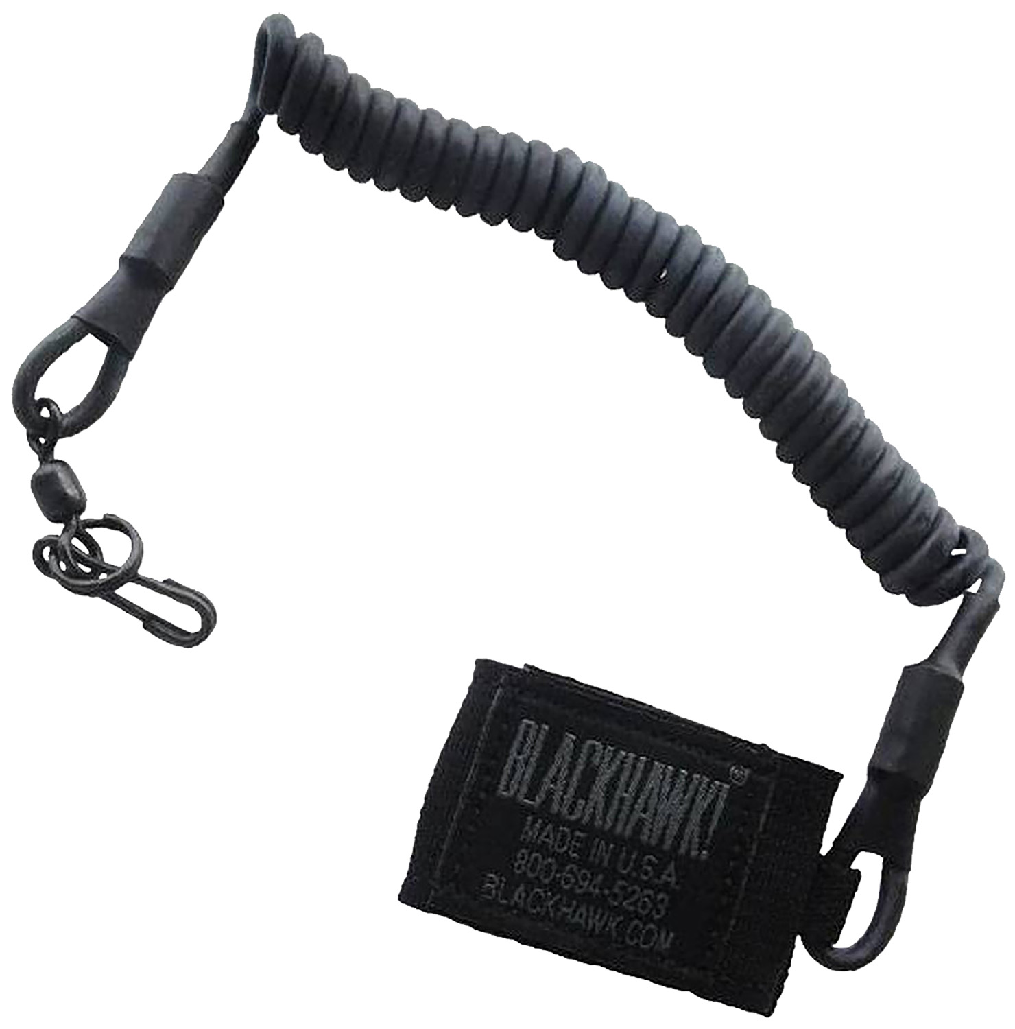 Black coiled lanyard with clip attachment.