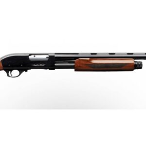 Side view of a shotgun with wooden stock.