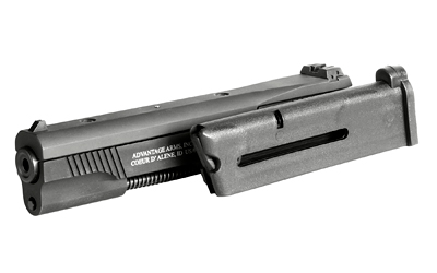 Close-up of a handgun slide assembly.