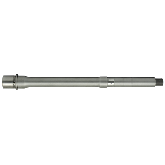 Gray metal barrel for firearm assembly.