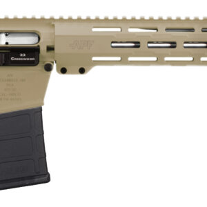 Tan semi-automatic rifle with tactical features.