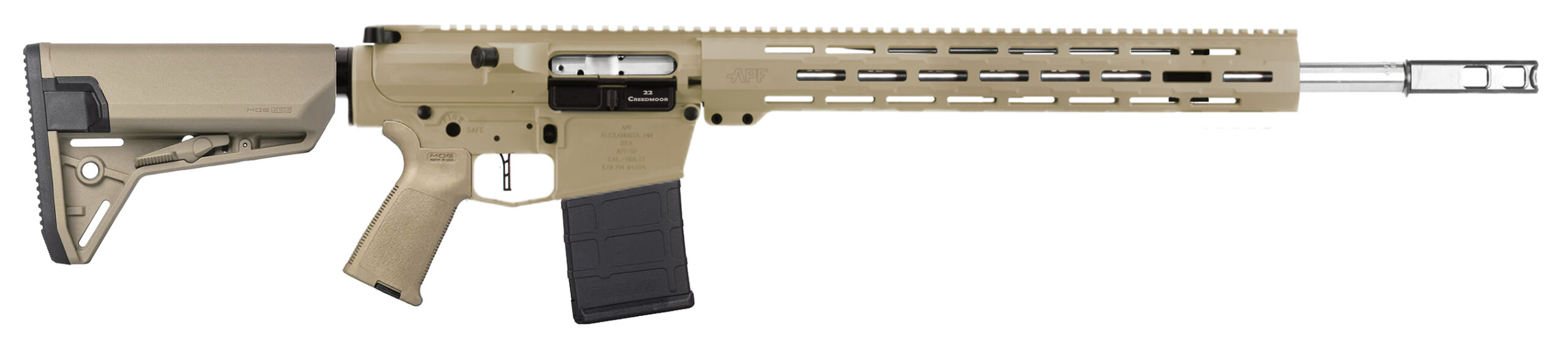 Tan semi-automatic rifle with tactical features.