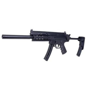 Black firearm with a suppressor and adjustable stock.