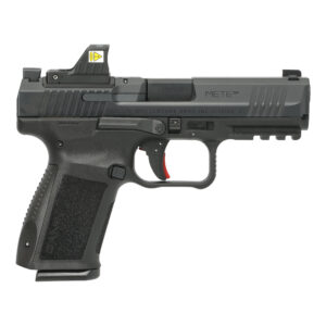 Black semi-automatic handgun with red trigger.