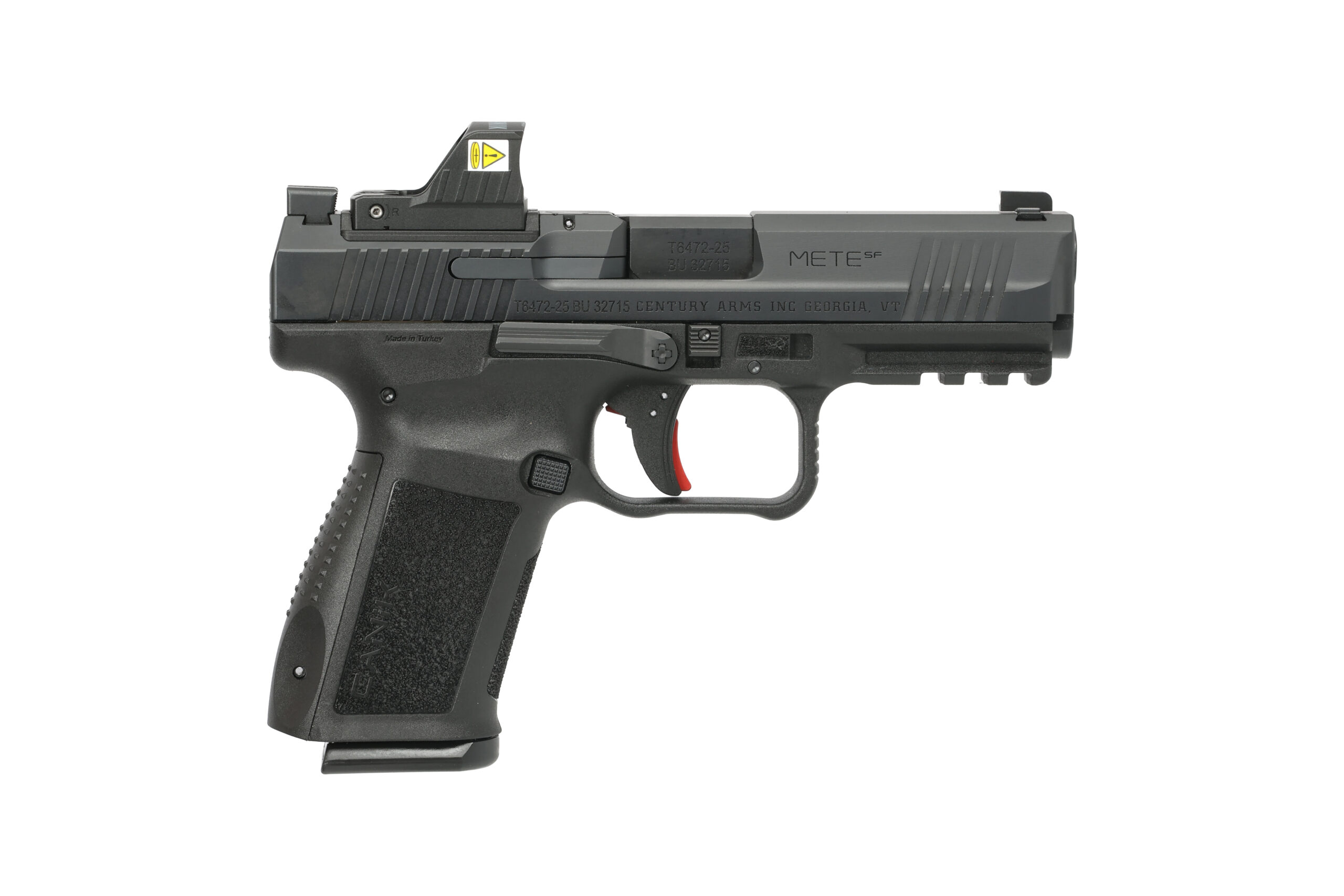 Black semi-automatic handgun with red trigger.