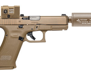 Tan pistol with attached suppressor and sight.
