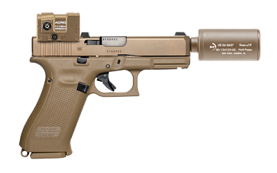 Tan pistol with attached suppressor and sight.
