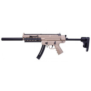 Light tan modern firearm with tactical features