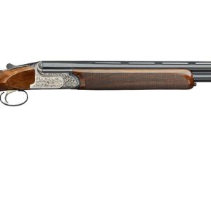 Side view of a stylish shotgun with wooden stock.