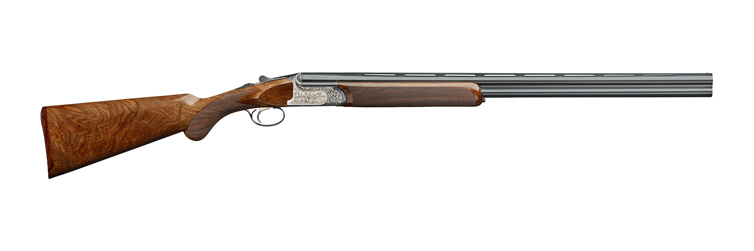 Side view of a stylish shotgun with wooden stock.