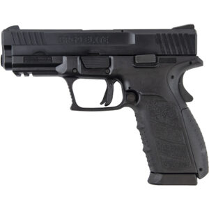 Black semi-automatic handgun on a white background.