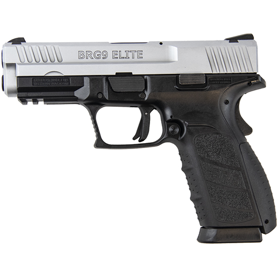 BRG9 Elite handgun with black grip and silver slide.