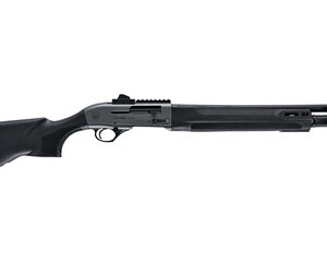 Black shotgun with adjustable stock and rail system.