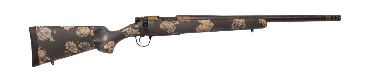 Side view of a camouflaged hunting rifle.