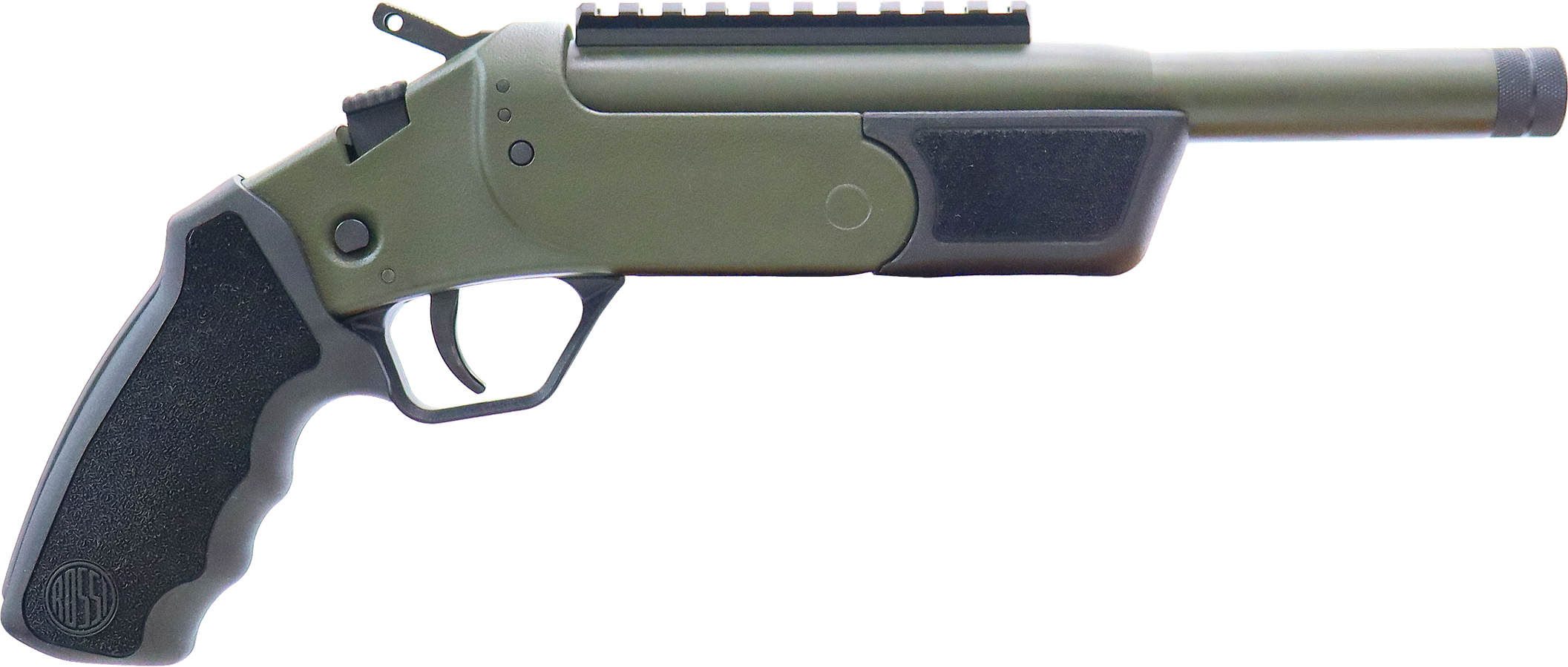 Olive green handgun on a white background.