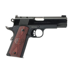Side view of a black pistol with wooden grip.