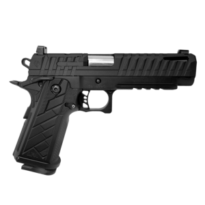 Black semi-automatic handgun on white background