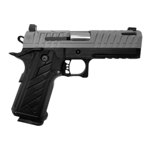Side view of a black and gray handgun.