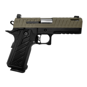 Black and green handgun on white background.