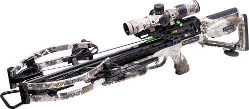 Camo crossbow with scope and attached accessories