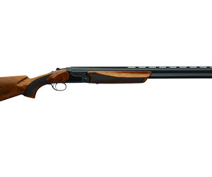 Side view of a shotgun with wooden stock.