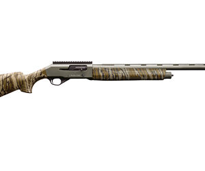 Camo-patterned shotgun with a sleek design.