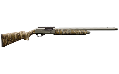 Camo-patterned shotgun with a sleek design.