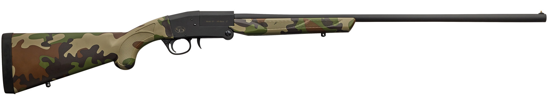 Camo-pattern shotgun with a sleek design.