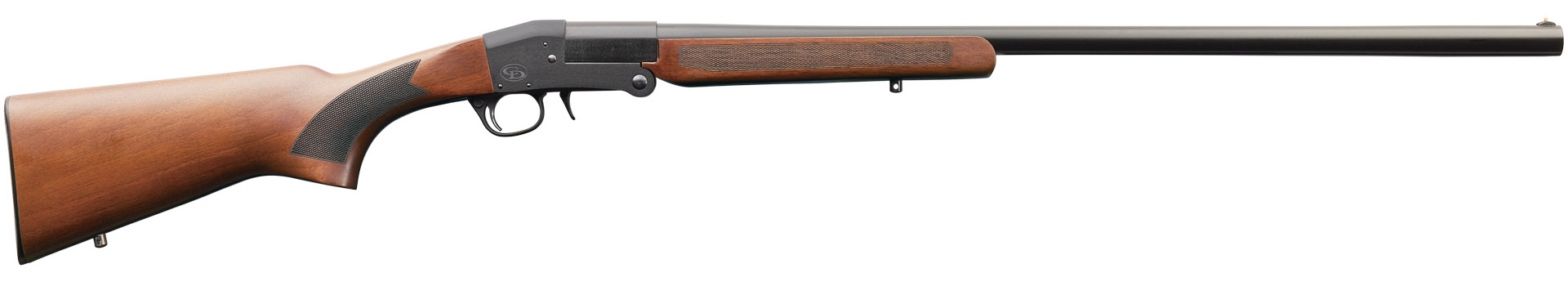 Side view of a wooden shotgun.