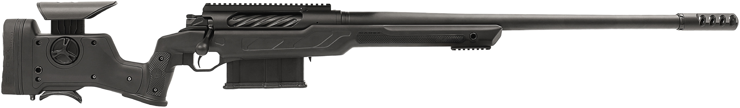 Black precision rifle with adjustable stock