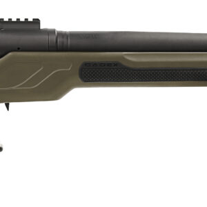 Olive green sniper rifle with a long barrel.