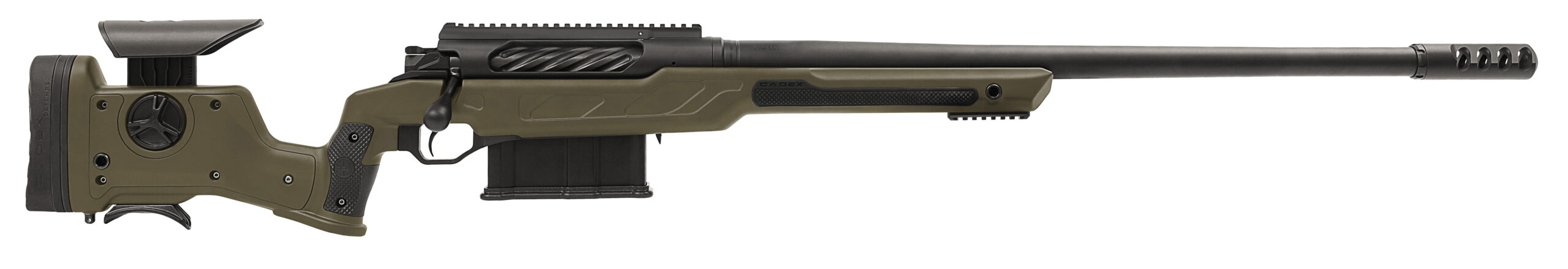 Olive green sniper rifle with a long barrel.
