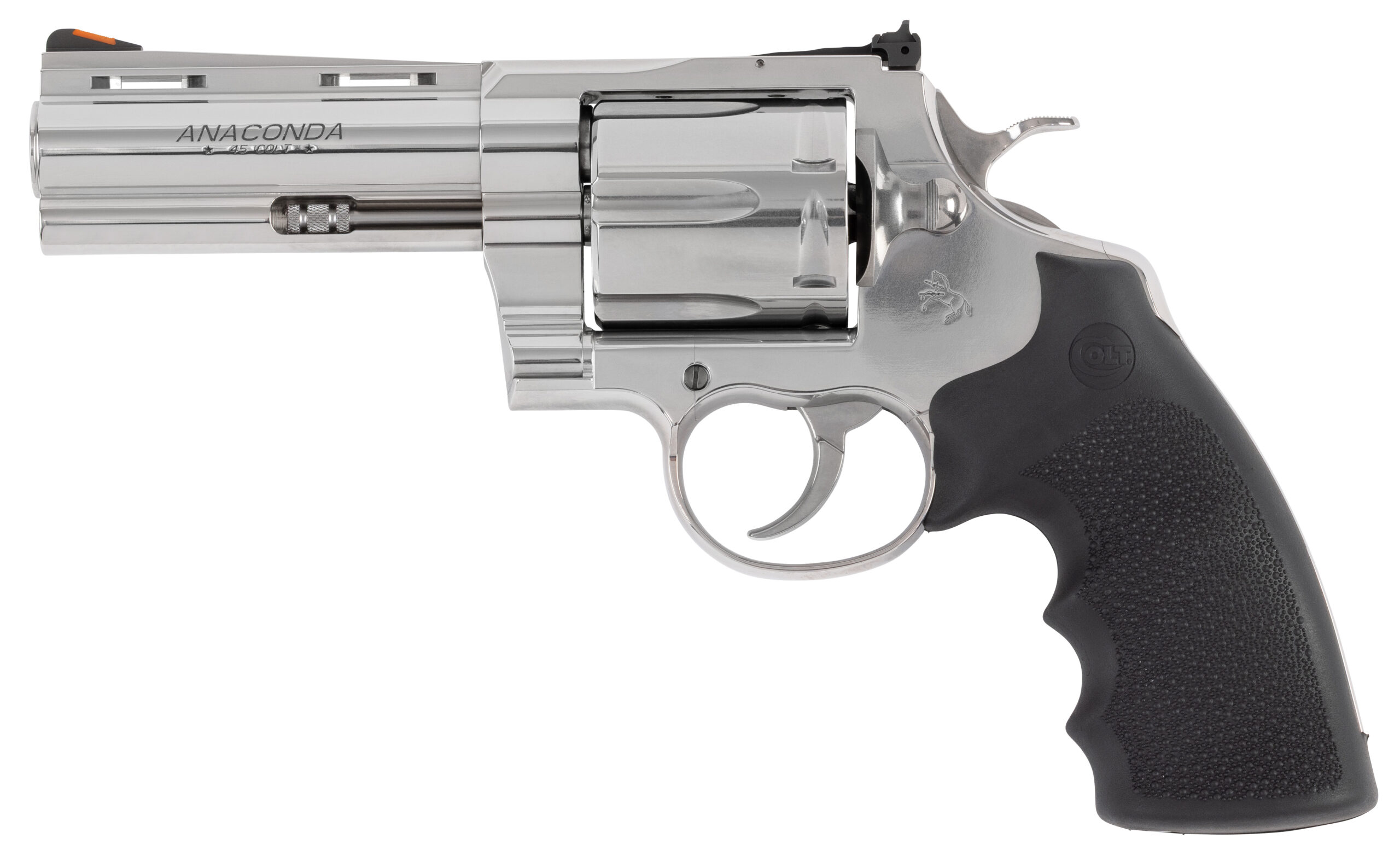 Silver revolver with black grip, side view.