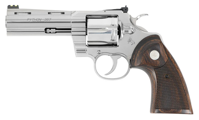 Stainless steel revolver with wooden grip.