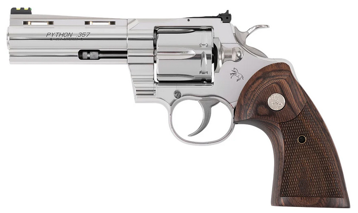 Stainless steel revolver with wooden grip.