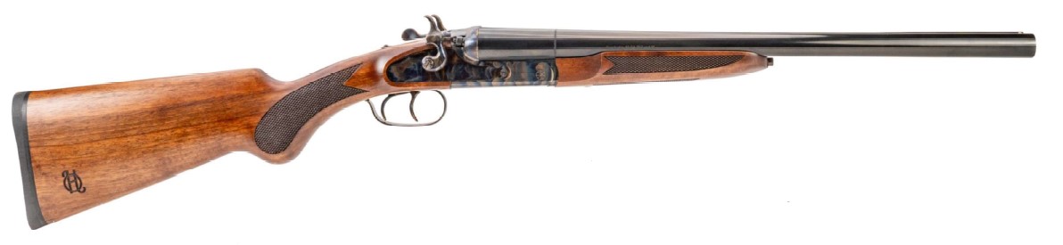 Side view of a classic wooden shotgun.