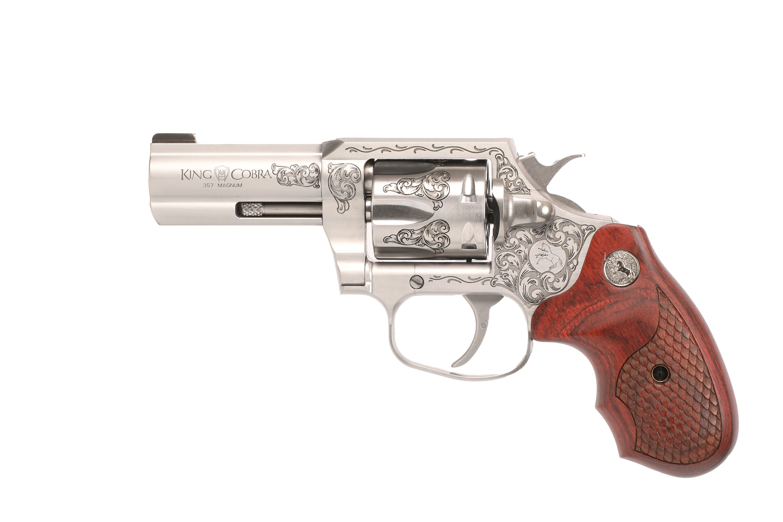 Detailed silver and wood revolver on white background.