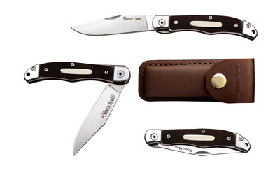 Assorted folding knives with leather sheath.
