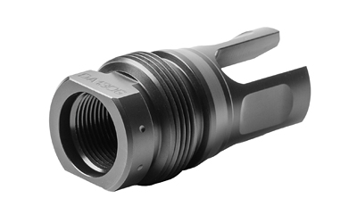 Close-up of a black threaded firearm accessory.