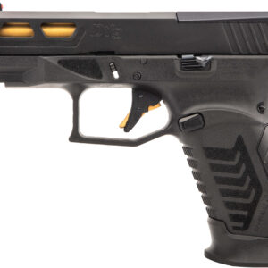 Black semi-automatic pistol with gold barrel accent.