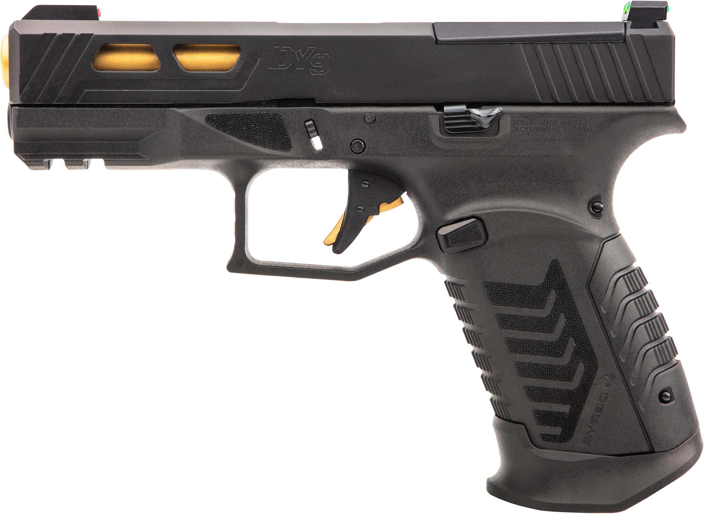 Black semi-automatic pistol with gold barrel accent.