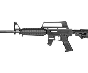 Black rifle with adjustable stock and barrel.