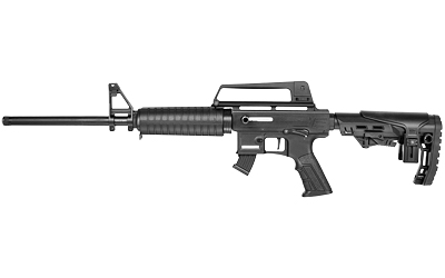 Black rifle with adjustable stock and barrel.