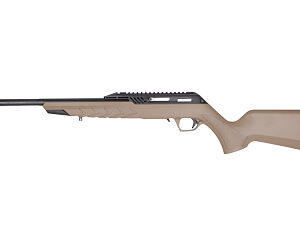 Side view of a tan hunting rifle.